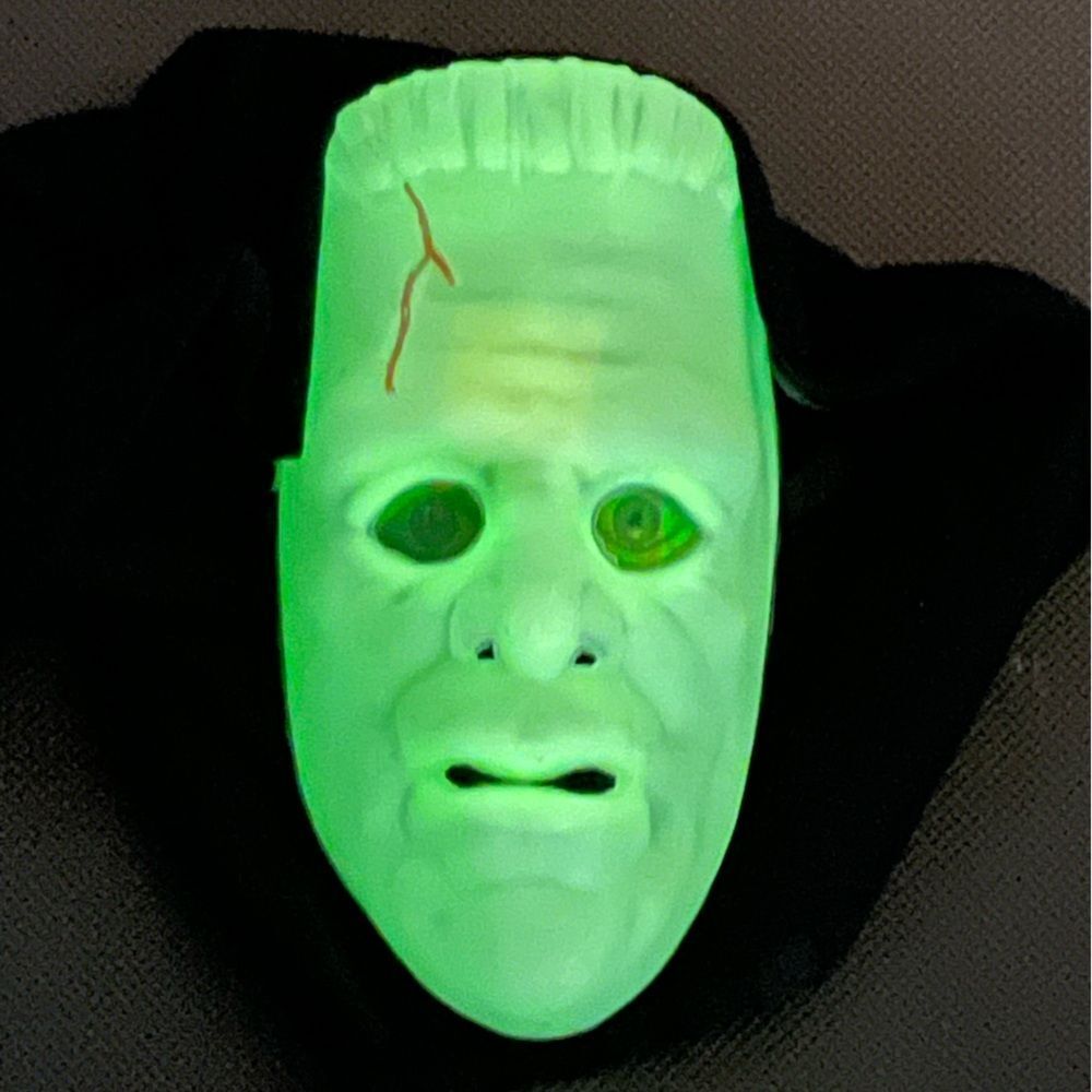 Vintage Glow-in-the-Dark Frankenstein Mask wHood & Light-Up Green Eyes Halloween